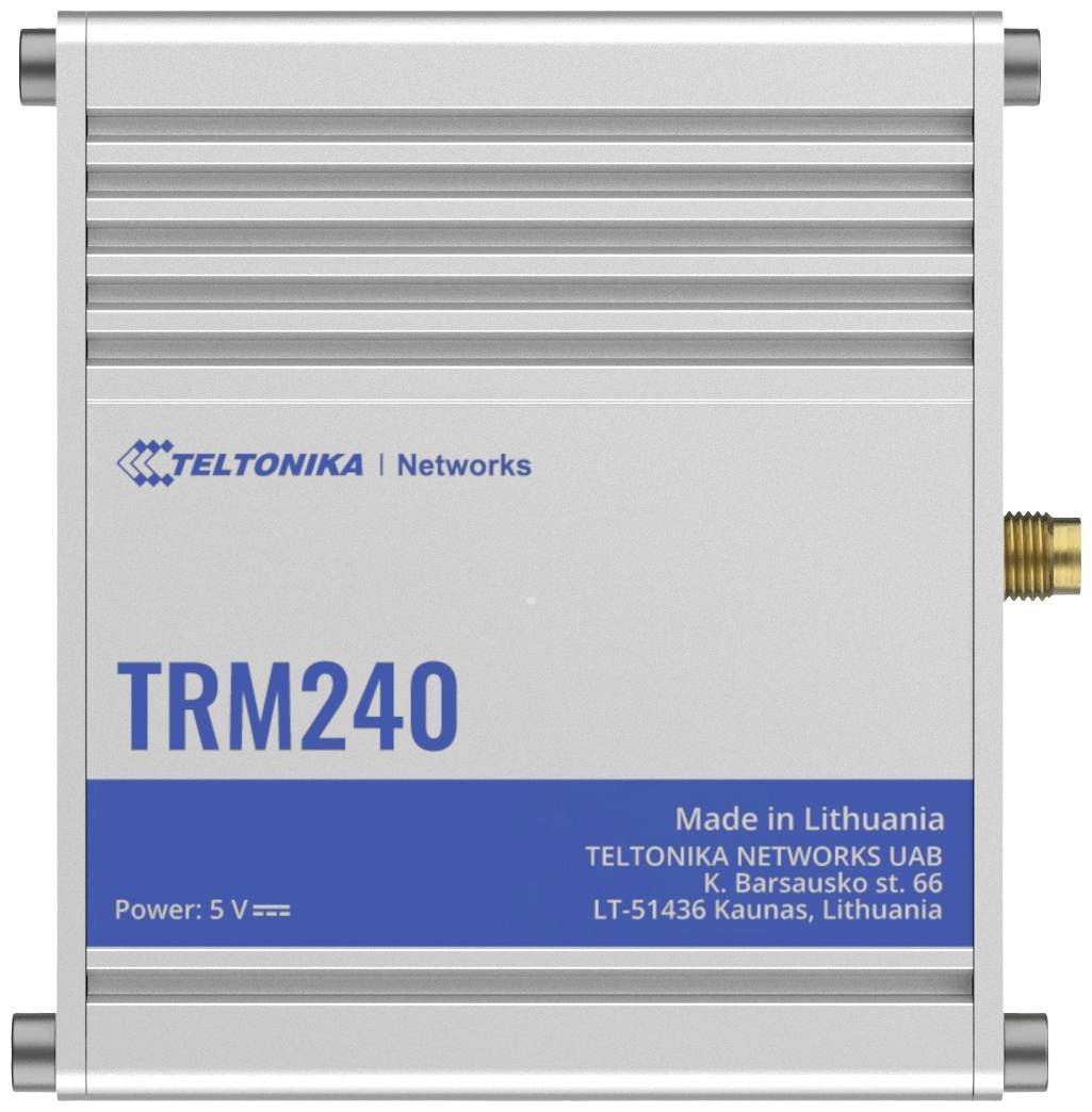 Ein silbernes Teltonika TRM240-Gerät mit blauer Schrift. Text unten: 'Made in Lithuania, Power: 5 V'.