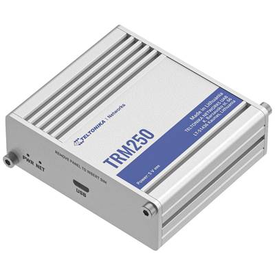 Kompakter, rechteckiger TRM250 Netzwerkrouter mit SIM-Kartenfach und USB-Anschluss, hergestellt von Teltonika Networks in Litauen.