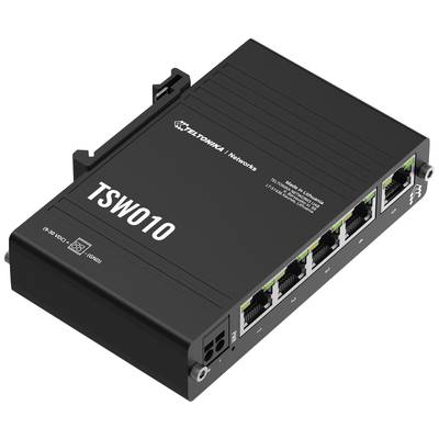 Ein schwarzer Netzwerk-Switch mit fünf Ethernet-Ports und zwei SFP-Ports auf der Vorderseite, beschriftet mit 'TSW010'.