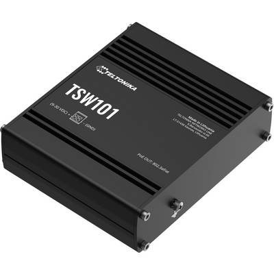 Schwarzer Teltonika TSW101 Industrial-Netzwerk-Switch mit gekennzeichnetem PoE-Port und Stromeingangauf einem rechteckigen Metallgehäuse.
