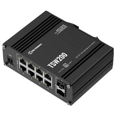 'TSW200' Netzwerkswitch von Teltonika mit mehreren Ethernet-Anschlüssen und PoE-Unterstützung. Text auf Gerät: 'Made in Lithuania'.