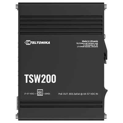 Ein grau-blauer Netzwerk-Switch 'TSW200' von Teltonika Networks mit mehreren Ethernet-Anschlüssen und einem robusten, metallischen Gehäuse.