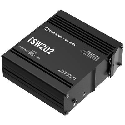 Ein schwarzer Netzwerkswitch der Marke Teltonika, Modell TSW202, mit mehreren Anschlüssen, geeignet für industrielle Anwendungen.