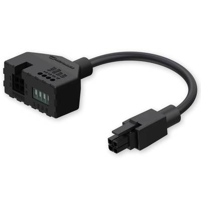 Schwarzes Kabel mit zwei Steckern, einer quadratisch mit vier Löchern, der andere rechteckig mit fünf grünen Kontaktpunkten.