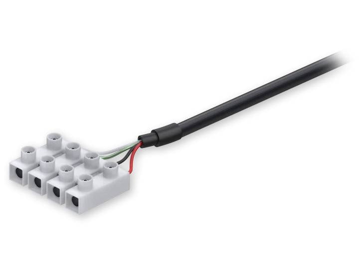Ein schwarzes Kabel mit Steckklemmen, bestehend aus vier weißen Klemmen und Kabeln in den Farben Rot, Grün und Weiß.