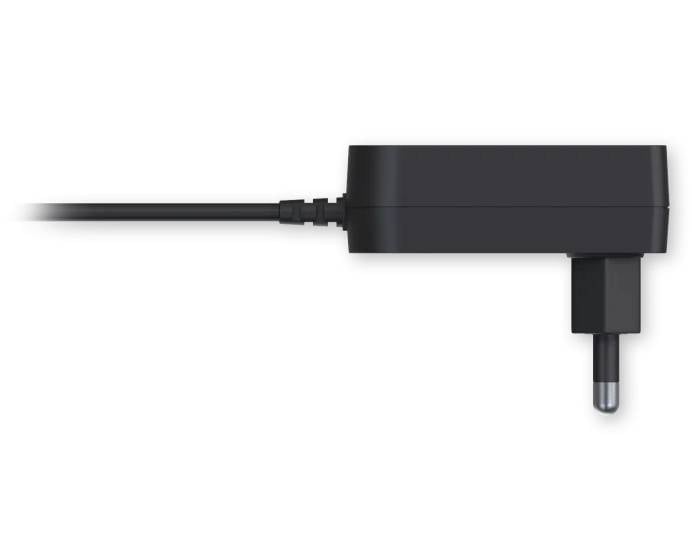 Schwarzes Netzteil mit Stromkabel, seitliche Ansicht, Eurostecker. 