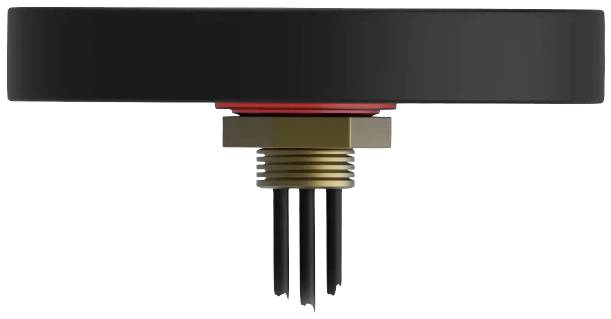 Ein runder, schwarzer Sensor mit goldener Schraubbefestigung und vier Kabeln unten. Entwickelt für präzise Messungen.