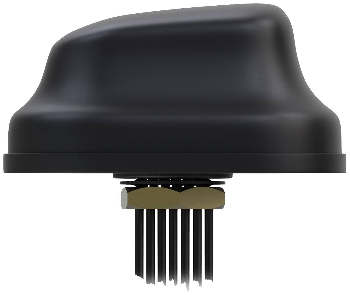 Ein schwarzer Dachantennenaufsatz mit mehreren Metallstiften an der Unterseite, geeignet für KFZ-Kommunikationssysteme.