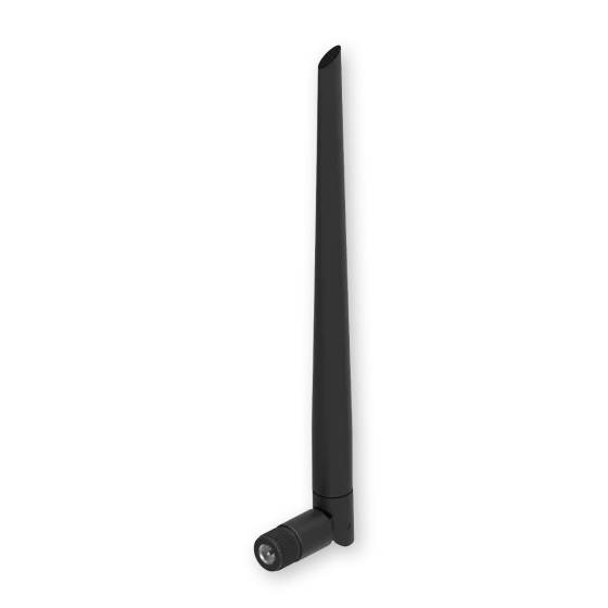 Eine schwarze, abnehmbare WLAN-Antenne mit einer Gelenkverbindung am Ende. Sie ist lang und schmal und dient zur Verbesserung des Signals.