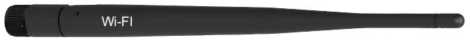 Schwarze Wi-Fi-Antenne mit Aufschrift 'Wi-Fi'. Langes, schlankes Design mit geripptem Ende links.