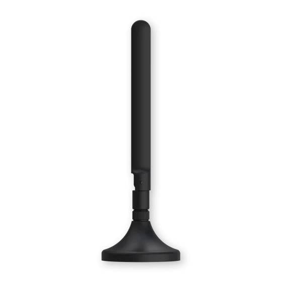 Eine schwarze, vertikale Antenne mit rundem Standfuß, geeignet für drahtlose Geräte wie Router oder Fernseher.