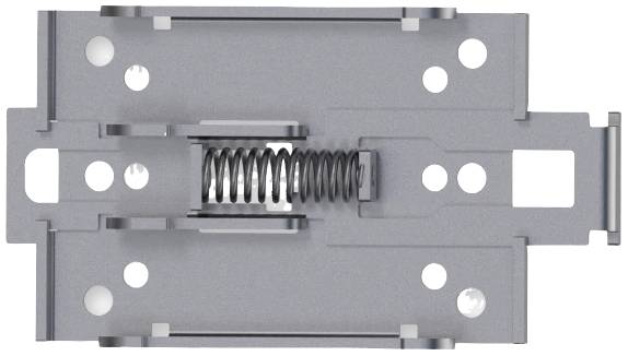Metallhalterung mit Federmechanismus, rechteckige Form, mehrere Löcher zur Befestigung, vermutlich Teil eines technischen Geräts.