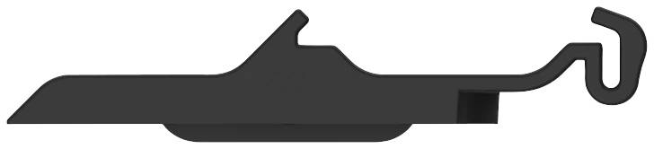 Eine schwarze, schematische Abbildung eines Profils mit Haken am Ende, möglicherweise eine technische oder architektonische Komponente.