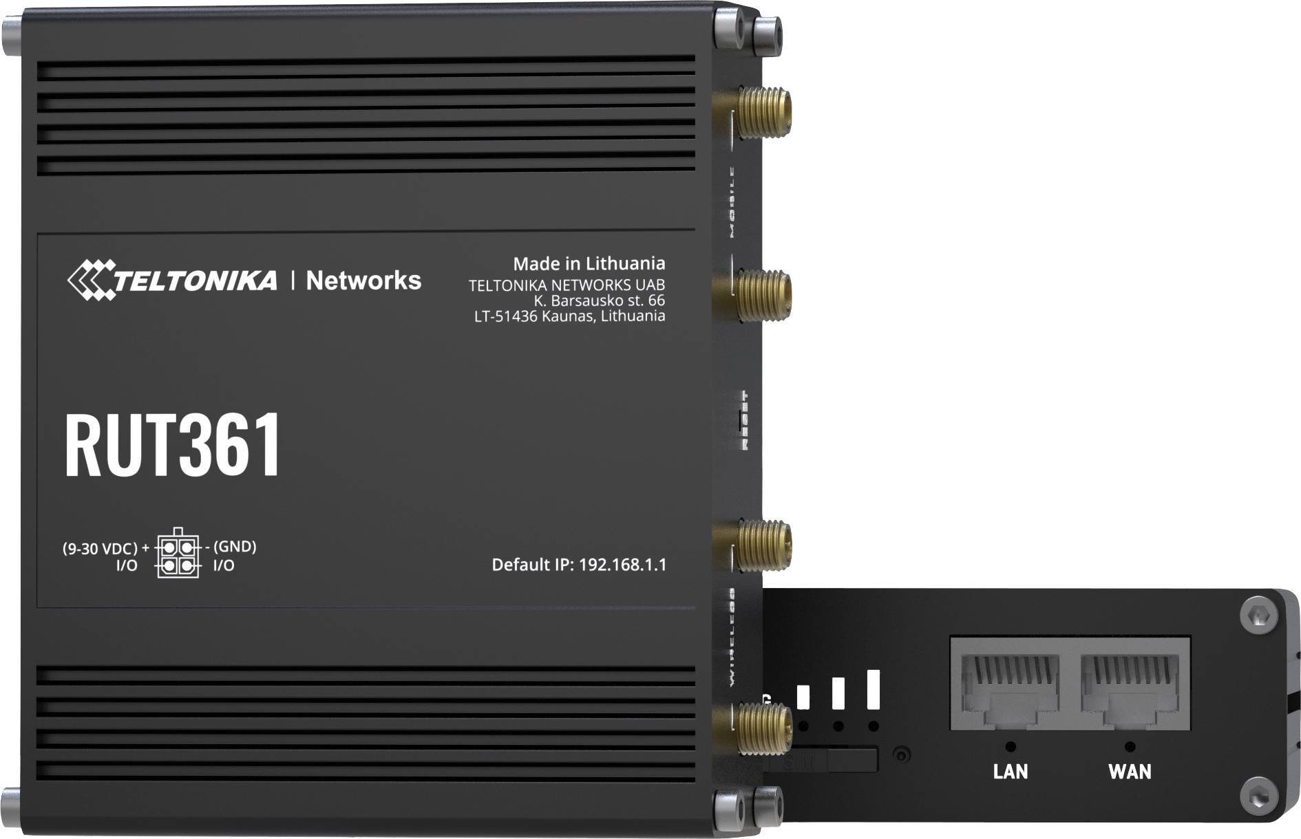 Router 'RUT361' von Teltonika mit mehreren Antennenanschlüssen, LAN- und WAN-Ports. Seitenansicht zeigt die Anschlussdetails.