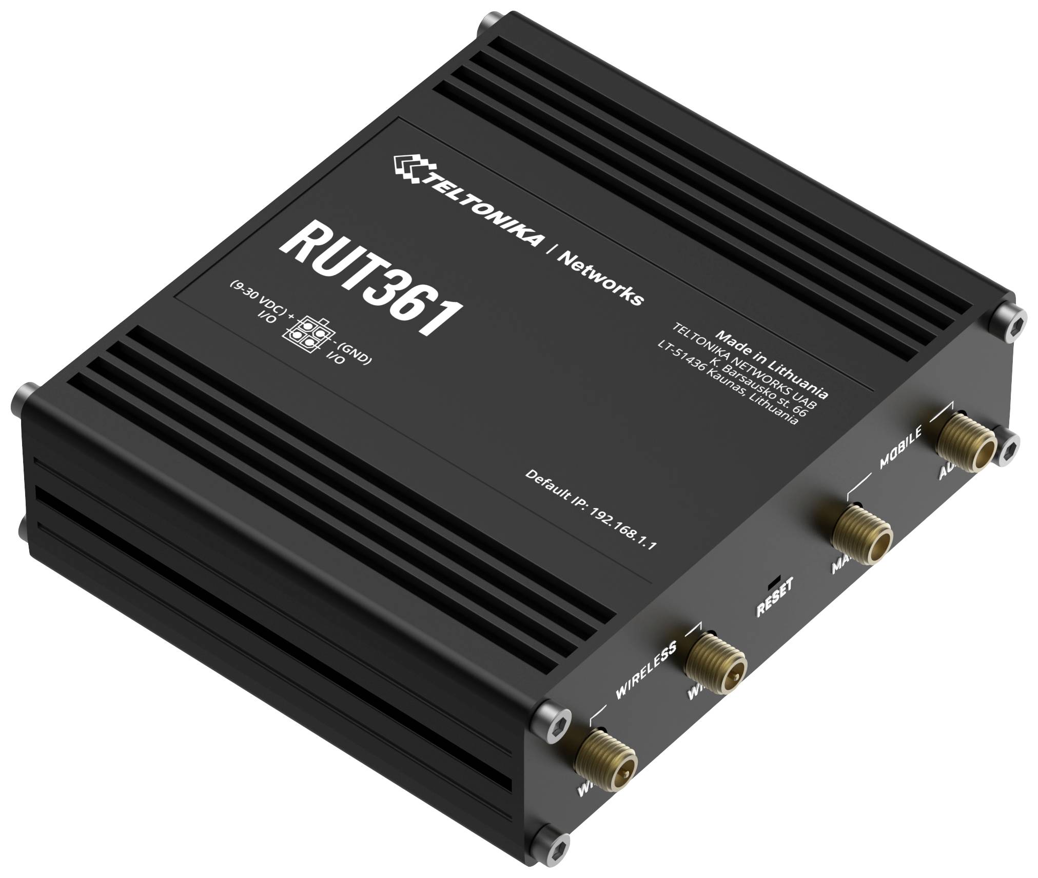 Kompakter schwarzer LTE-Router mit Modellbezeichnung RUT361 von Teltonika. Seitenansicht zeigt drei Anschlussbuchsen und Reset-Taste.