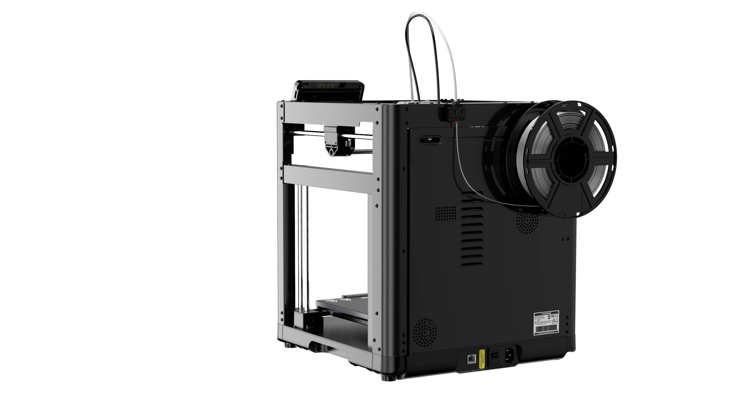 Ein schwarzer 3D-Drucker in einer seitlichen Ansicht mit einer Spule Filament auf der Rückseite.