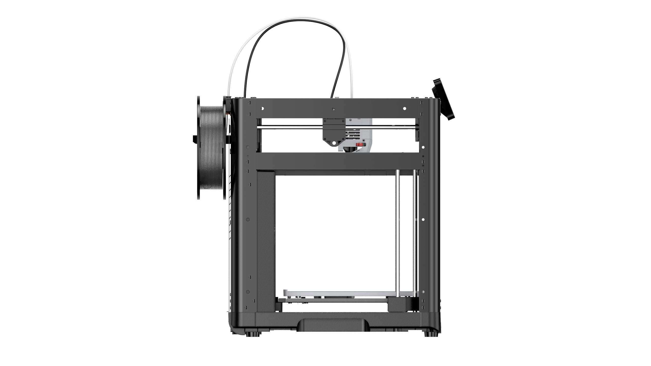 Ein schwarzer 3D-Drucker mit offenem Rahmen und Filamentrolle an der Seite, bereit zum Drucken.