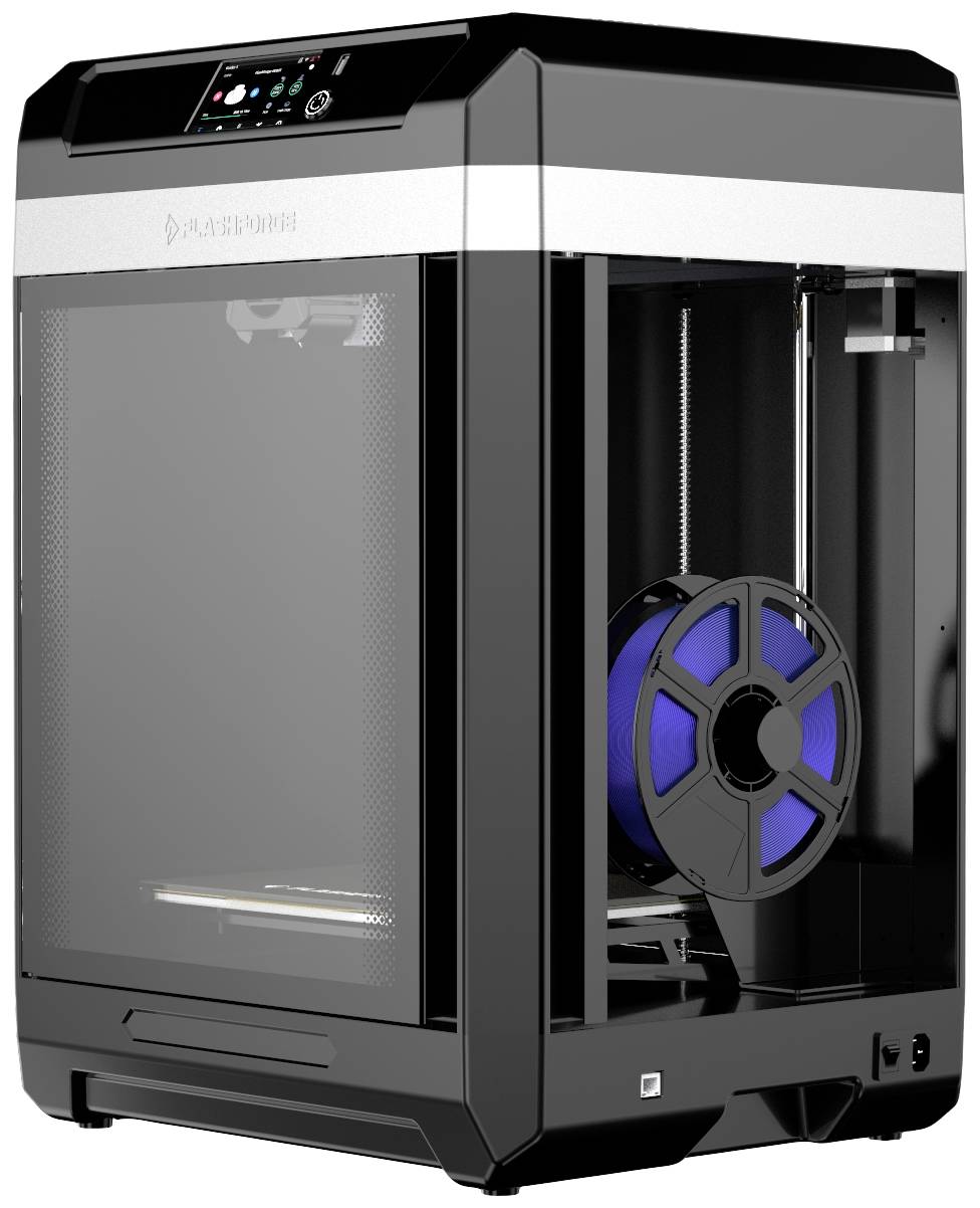 Ein 3D-Drucker mit einem Filamentrollenhalter an der Seite. Das Gerät hat ein modernes, eckiges Design mit einem Glasfenster an der Vorderseite.