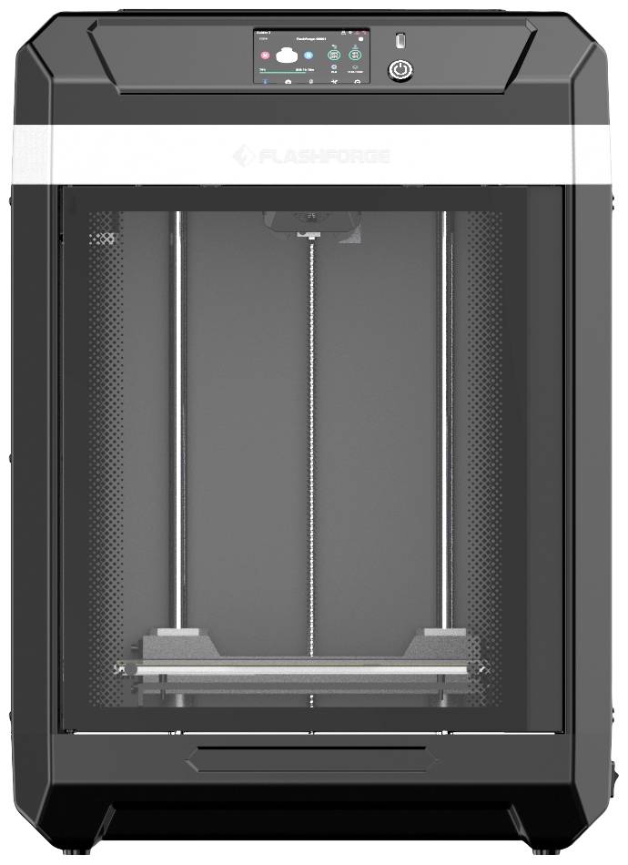 Ein schwarzer 3D-Drucker mit geschlossenem Gehäuse und zwei vertikalen Schienen. Oben sind Bedienknöpfe und ein Display sichtbar.