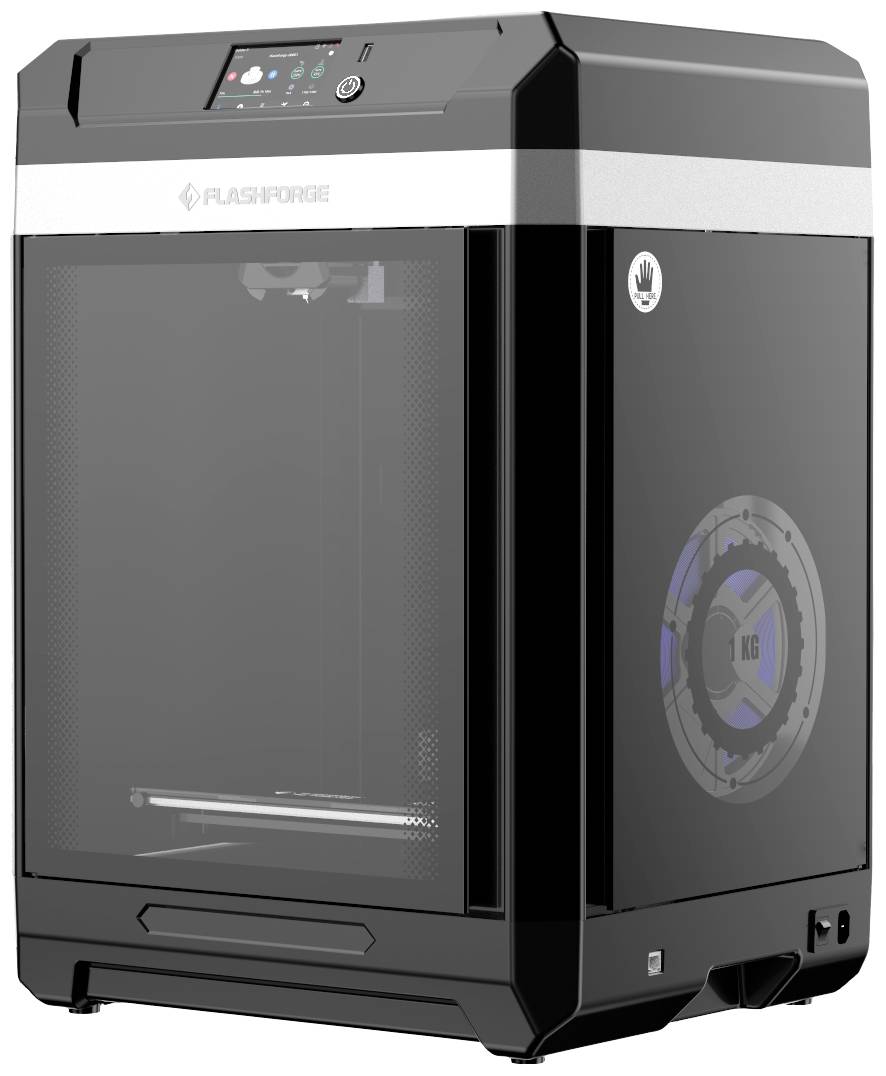 Ein schwarzer 3D-Drucker mit einem transparenten Frontfenster. Oben ein Bedienfeld mit Tasten und Display.