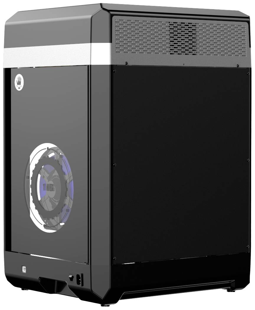 Computertower mit Lüfter an der Seite. Schwarzes, modernes Design mit silbernem Akzent oben. Für PC-Technologie oder Gaming-Setup.