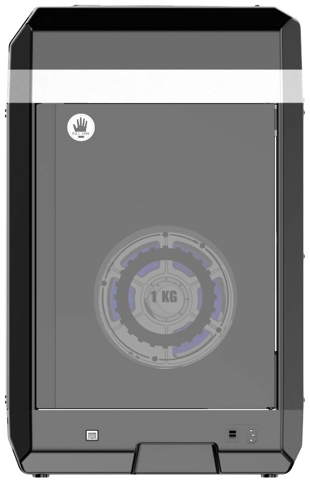 Ein geschlossener 3D-Drucker mit Sichtfenster, schwarzem Gehäuse und Symbol auf der Tür.