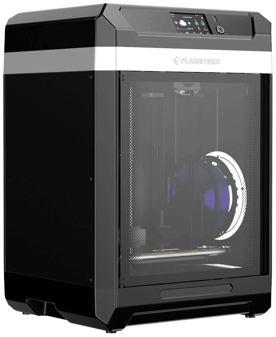 Ein 3D-Drucker mit einem modernen, quadratischen Gehäuse. Auf der Vorderseite befindet sich ein Display. Der Druckbereich ist beleuchtet.