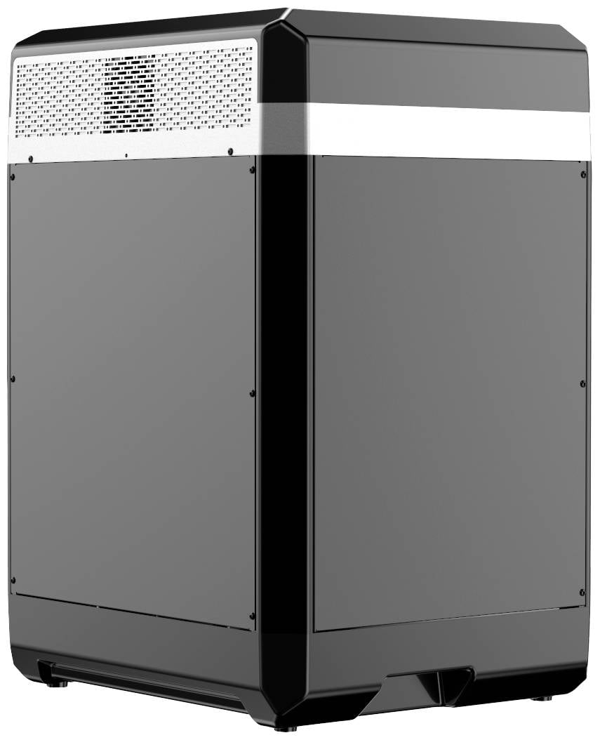 Ein schwarzes, rechteckiges Servergehäuse mit Lüftungsschlitzen oben und strukturiertem Design.