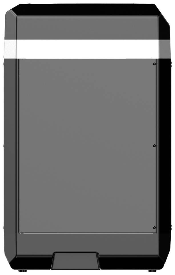 Ein rechteckiger, schwarzer Koffer mit einem weißen Streifen oben. Keine sichtbaren Griffe oder andere Markierungen.