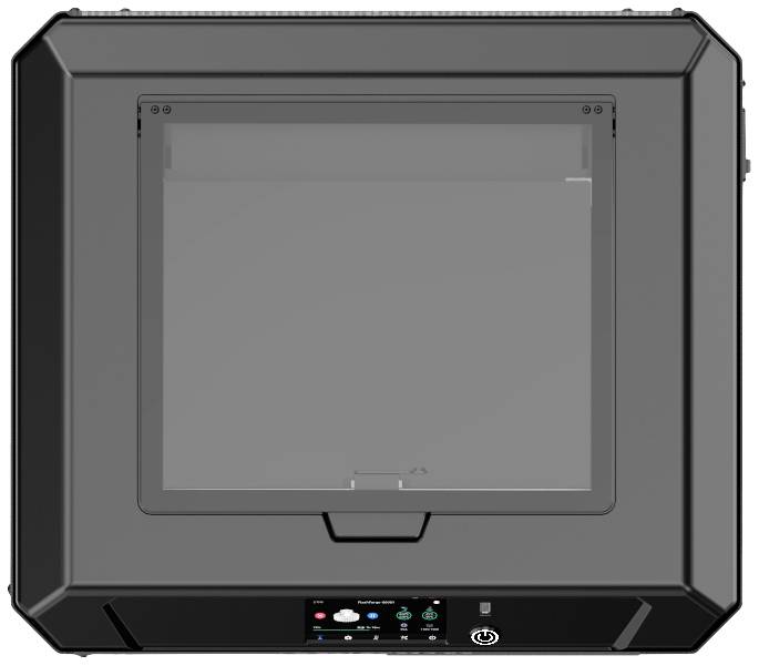 3D-Drucker mit geschlossener Kammer und transparentem Fenster. Bedienfeld mit Tasten unten am Gerät. Ideal für präzisen Druck.