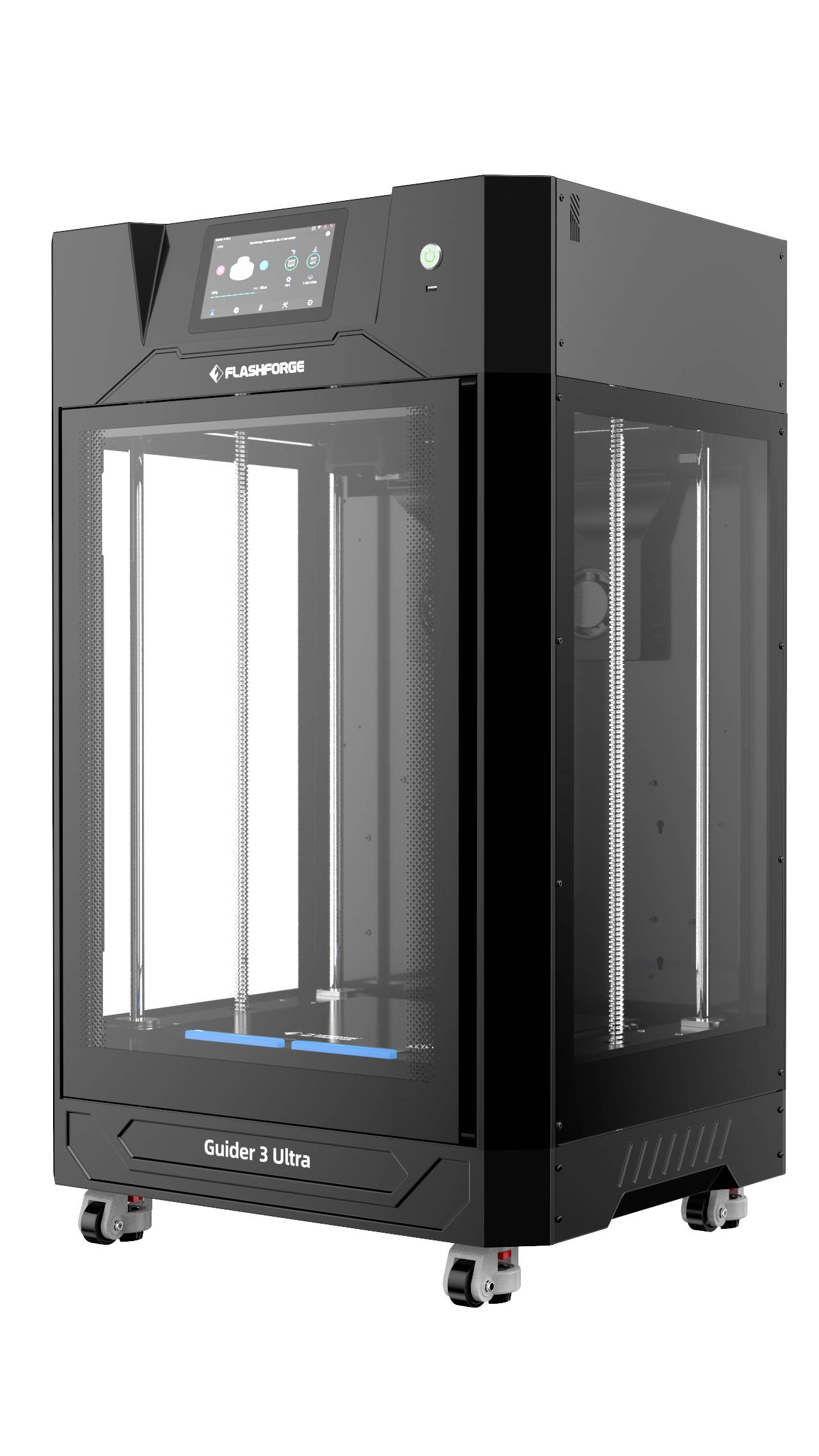 'Flashforge Guider 3 Ultra 3D-Drucker, schwarz, mit großer Druckkammer und digitalem Display, auf Rollen für leichte Mobilität.'