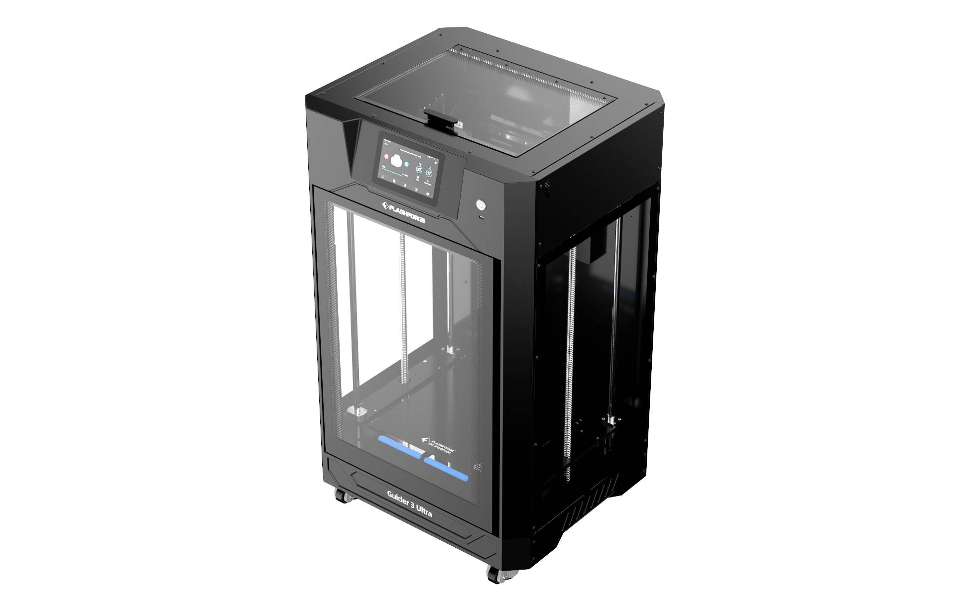 Schwarzer 3D-Drucker mit transparenten Seiten, zeigt Innenmechanik. Oben ist ein kleines Display zur Steuerung des Geräts.