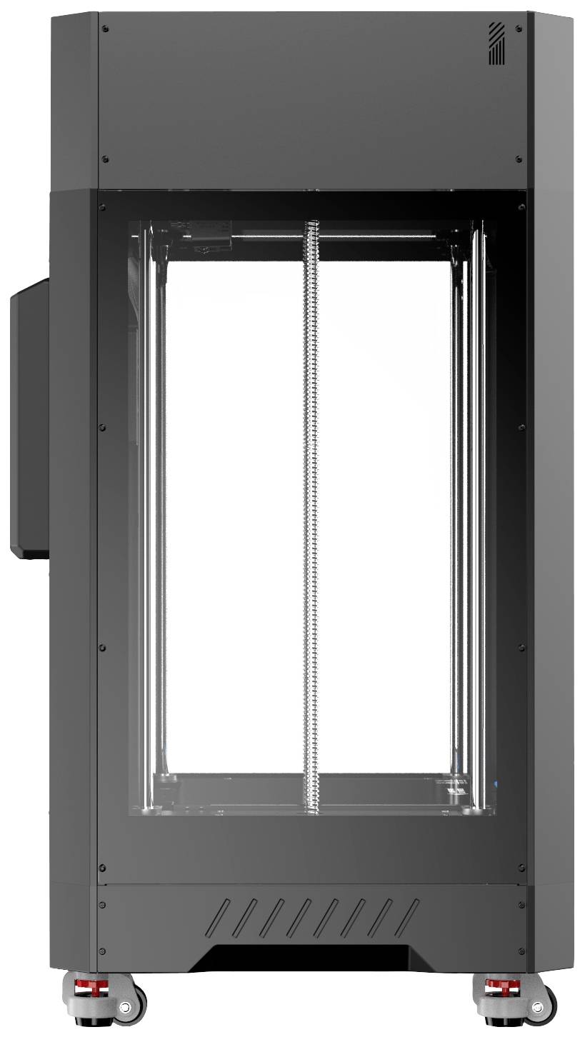 Ein schwarzer, rechteckiger 3D-Drucker mit durchsichtigem Frontpaneel und vier kleinen Rollen an der Unterseite.