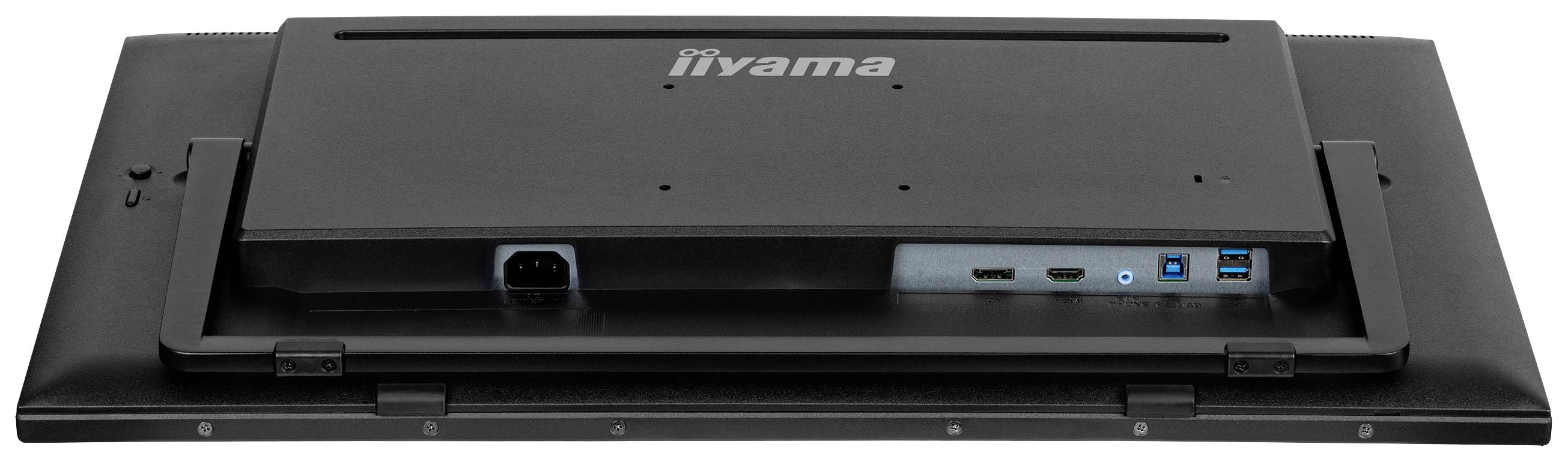 Der Monitor zeigt die Rückseite mit mehreren Anschlussmöglichkeiten, darunter HDMI, USB, und Stromanschluss.