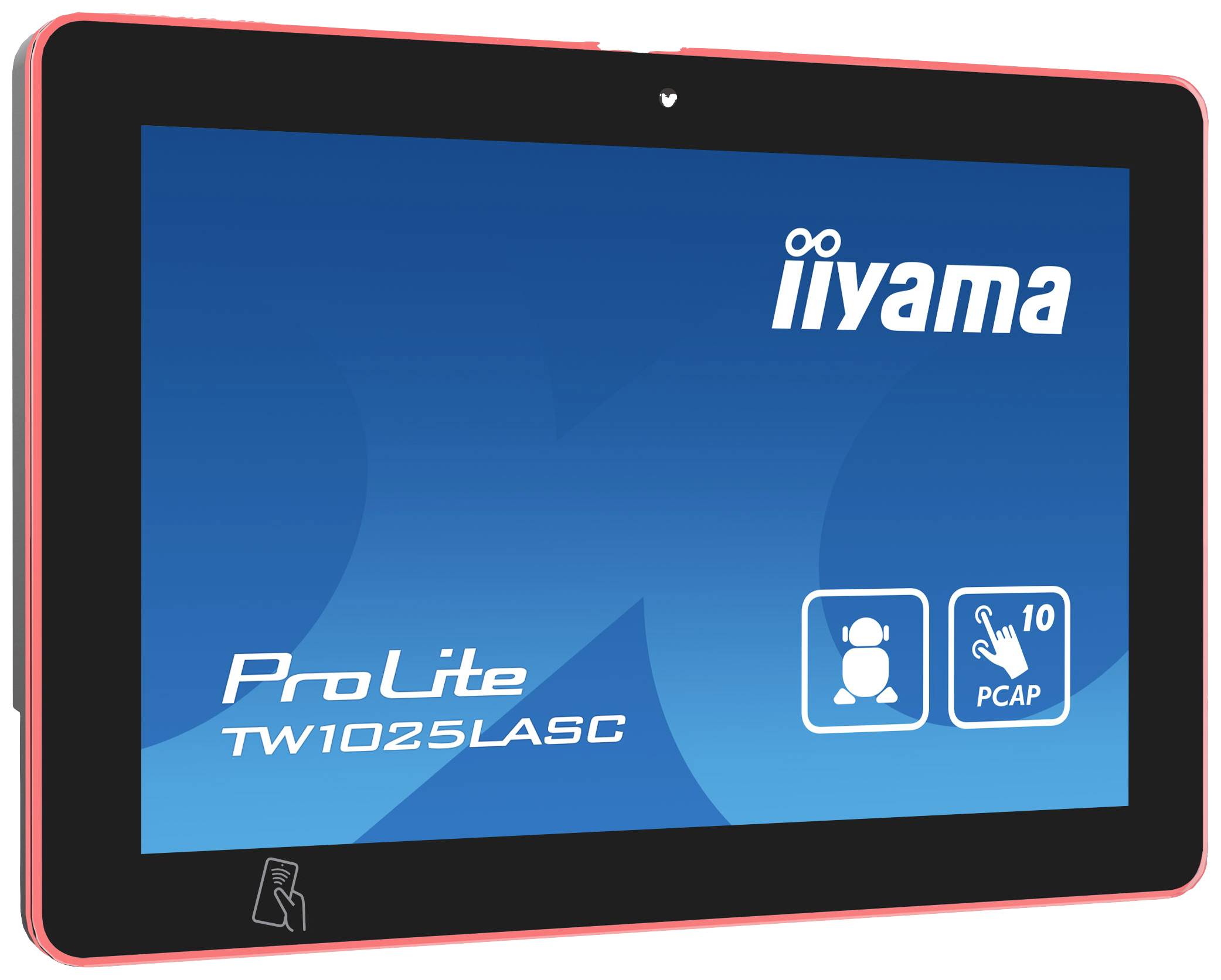 Ein rotes ProLite TW1025LASC Tablet von iiyama, angezeigt auf dem Bildschirm mit PCAP-Touchfunktion und Nahansensor-Symbolen.