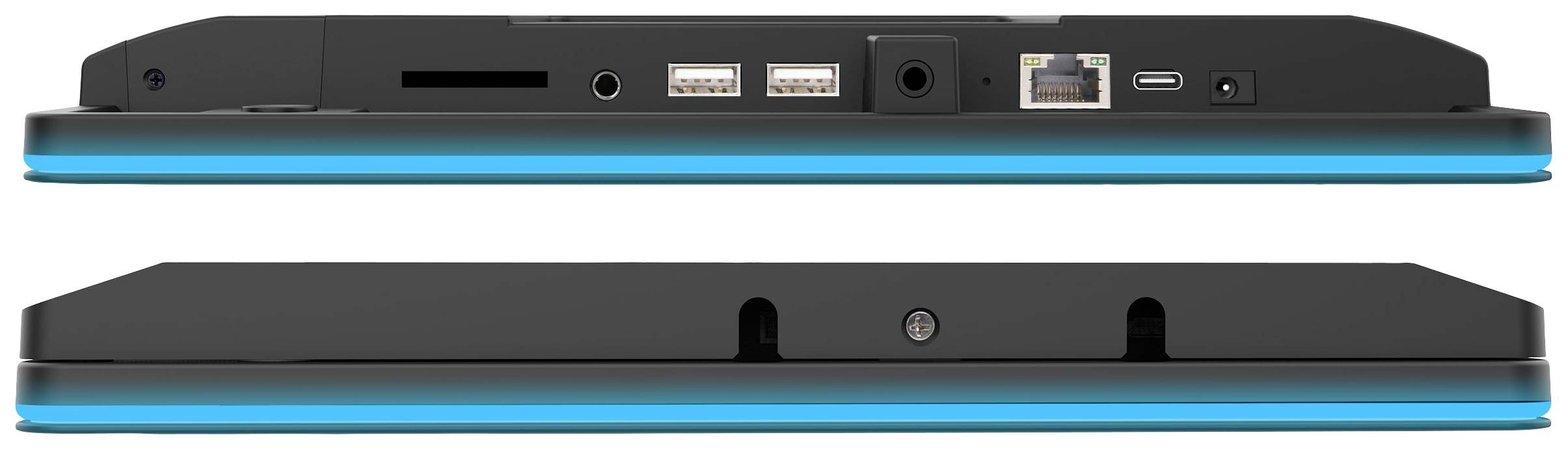 Seitliche Ansicht eines schwarzen Laptops mit blauem Lichtstreifen und Anschlüssen, inklusive USB und Ethernet.
