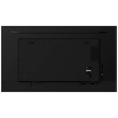 Rückansicht eines großen Fernsehers mit mehreren Anschlussmöglichkeiten wie HDMI und USB in einer dunklen Kunststoffabdeckung.