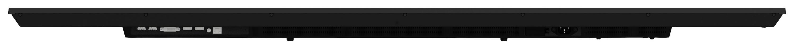 Ein schmaler, schwarzer Balken, möglicherweise die Seitenansicht eines elektronischen Geräts wie eines Laptops oder einer Soundbar, mit sichtbaren Anschlüssen.