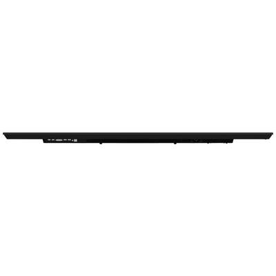 Ein schmaler, schwarzer Balken, möglicherweise die Seitenansicht eines elektronischen Geräts wie eines Laptops oder einer Soundbar, mit sichtbaren Anschlüssen.