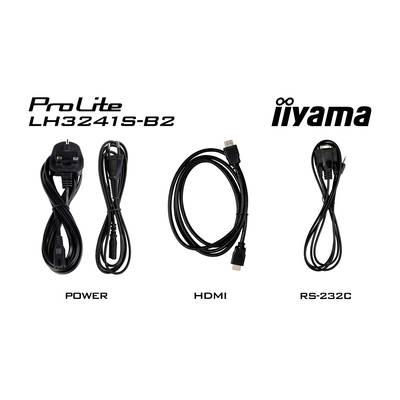 'ProLite LH3241S-B2 iiyama' Bildschirmzubehör: Stromkabel, HDMI-Kabel und RS-232C-Kabel.
