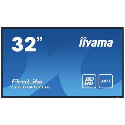 Ein blauer Bildschirm zeigt die Aufschrift '32" - iiyama - ProLite LH3241S-B2 - Full HD - 24/7', mit einem grafischen Hintergrund.