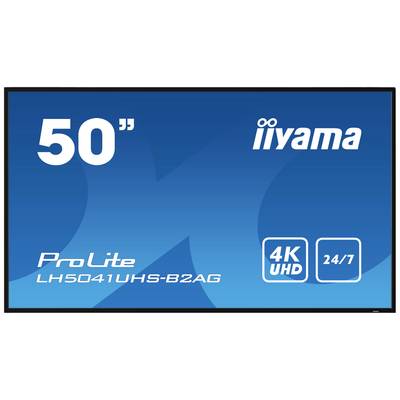 Blauer Bildschirm mit dem Text '50"' und 'iiyama' oben rechts. Unten 'ProLite LH5041UHS-B2AG', '4K UHD' und '24/7' auf weißem Hintergrund.