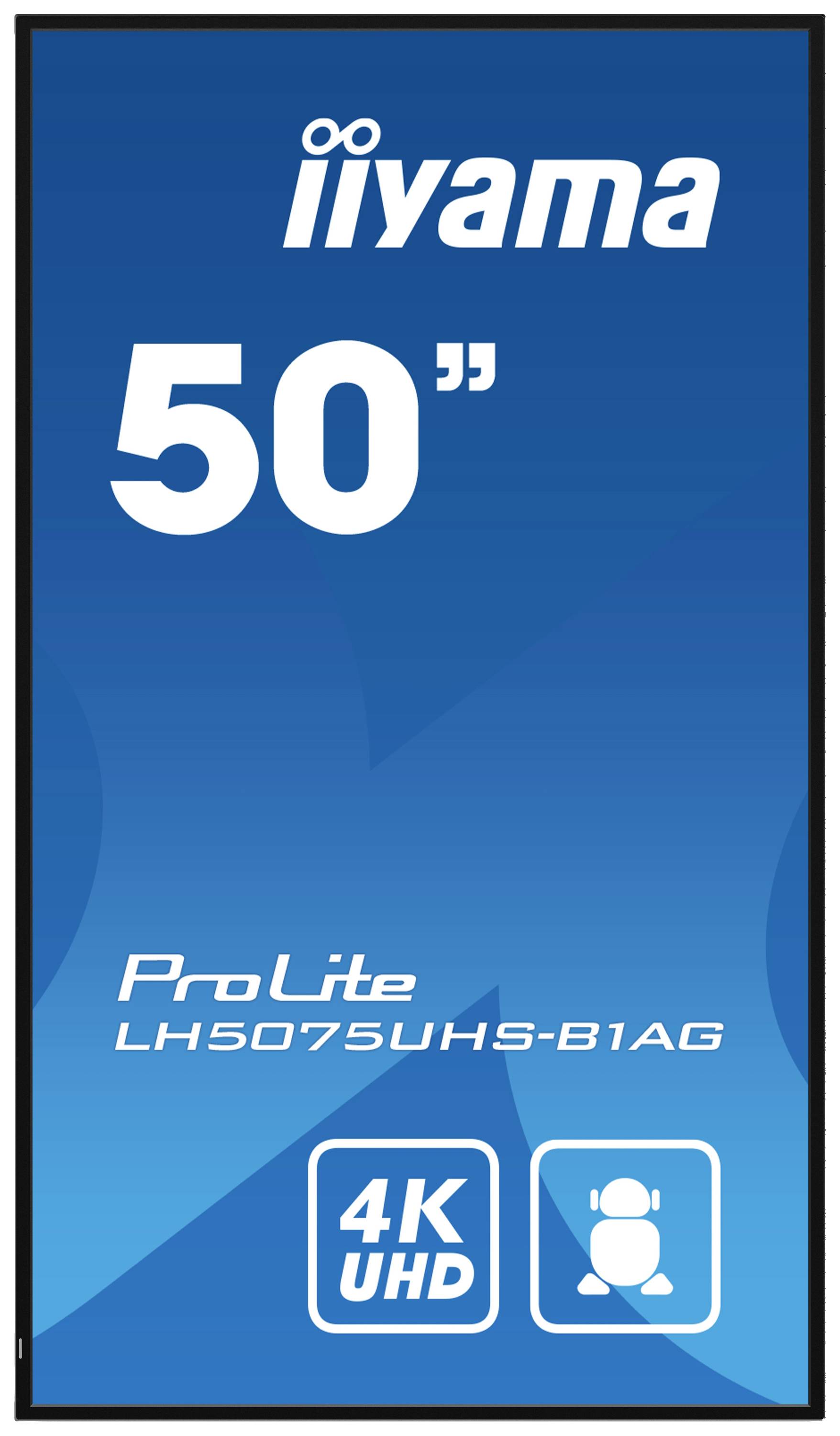 Ein Bildschirm von iiyama mit der Bezeichnung 'ProLite LH5075UHS-B1AG', 50 Zoll Größe, 4K UHD-Auflösung.