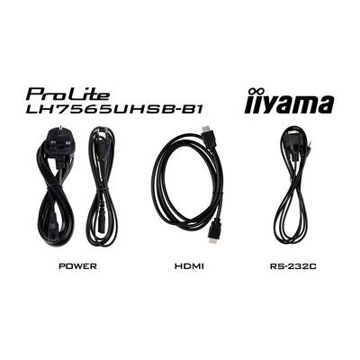 'Drei Kabel: links Stromkabel, Mitte HDMI-Kabel, rechts RS-232C-Kabel. Markennamen oben: ProLite LH7565UHSB-B1 und iiyama.'