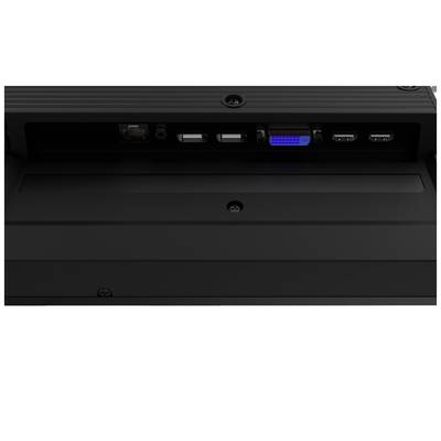 Anschlüsse auf der Rückseite eines Monitors: Netzteil, zwei USB, ein HDMI mit blauer Markierung, zwei weitere HDMI-Anschlüsse.