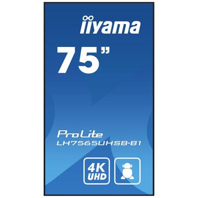 Großer, blauer Bildschirm mit Text '75"', 'ProLite', Modellnummer 'LH7565UHSB-B1', und Symbolen für 4K UHD und Lautsprecher.