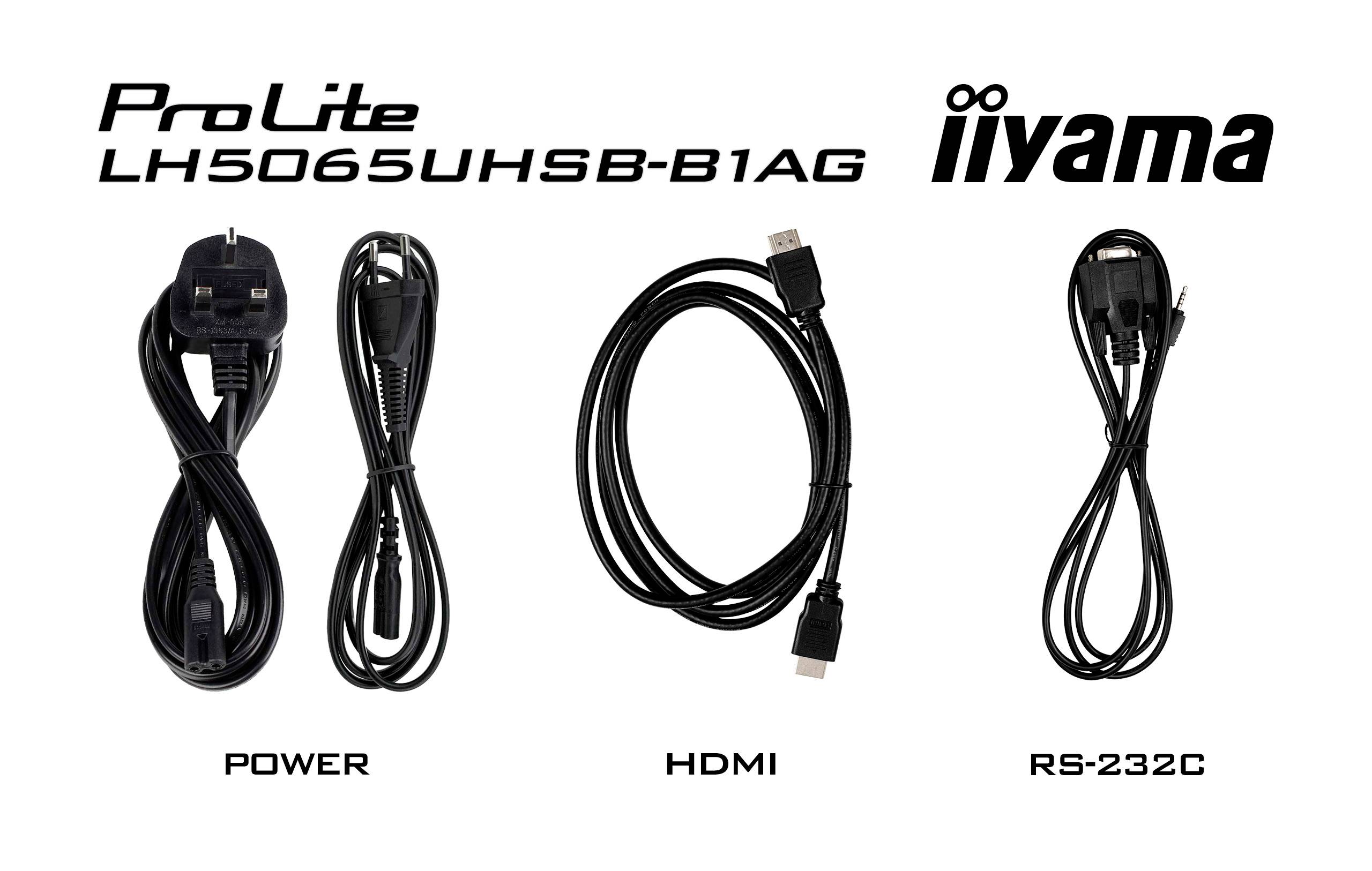 'Drei Kabel: links ein Stromkabel, in der Mitte ein HDMI-Kabel, rechts ein RS-232C-Kabel. Oben steht 'ProLite LH5065UHSB-B1AG' und das Logo 'iiyama'.'