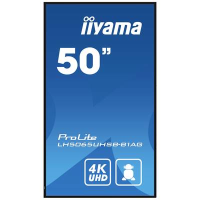 Ein blauer Bildschirm zeigt 'iiyama 50"', Modellnummer 'ProLite LH5065UHSB-B1AG' und Symbole für '4K UHD' und 'Benutzer'.