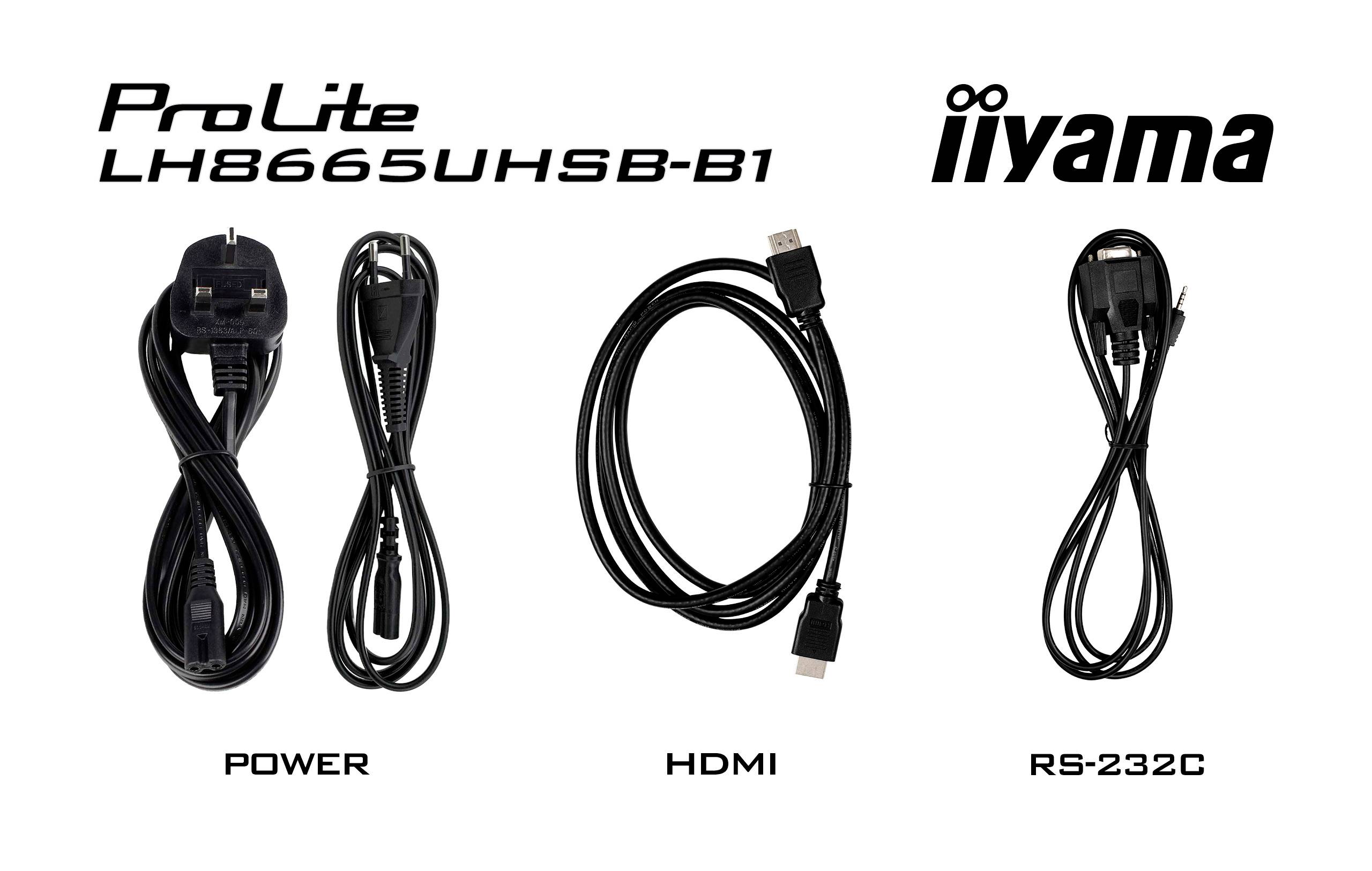 'Drei Kabel: links ein Netzkabel (Power), in der Mitte ein HDMI-Kabel, rechts ein RS-232C-Kabel. Oberhalb der Kabel steht der Text "ProLite LH8665UHSB-B1" und das iiyama-Logo.'