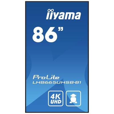 'Monitor iiyama ProLite LH8665UHSB-B1, 86 Zoll, 4K UHD, blauer Hintergrund mit weißer Schrift.'